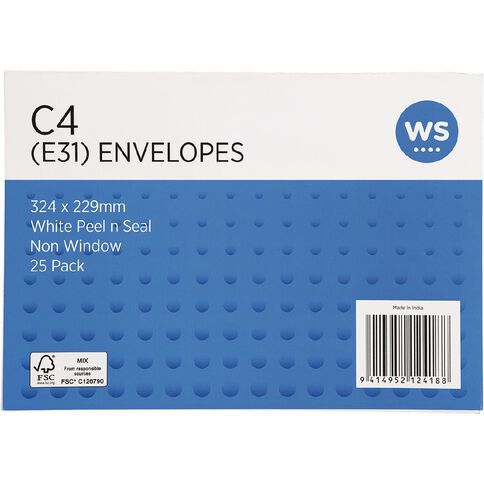 WS Envelope E31/C4 White Peel & Seal 25 Pack