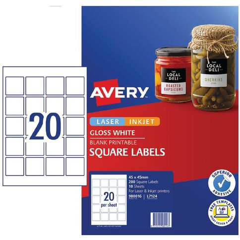 Avery Gloss Square Labels 200 Labels White 45mm x 45mm