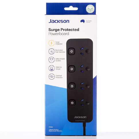 Jackson Surge Protected Powerboard - Switched 4 Outlet Black
