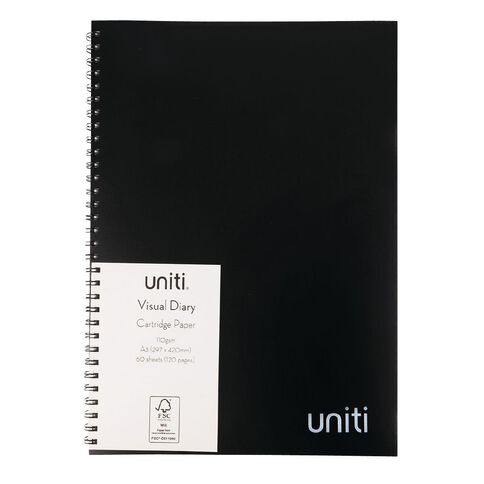 Uniti Visual Diary Spiral 110gsm 60 Sheet Black A3