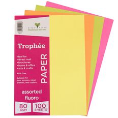 Trophee Paper 80gsm Fluoro Assorted A4 100 Pack
