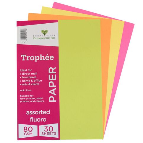 Trophee Paper 80gsm Fluoro Assorted A4 30 Pack