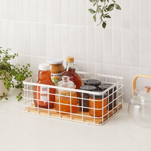 Living & Co Metal Basket with Bamboo Base White