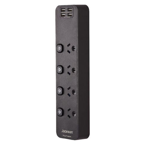 Jackson Surge Protected Powerboard - Switched 4 Outlet Black