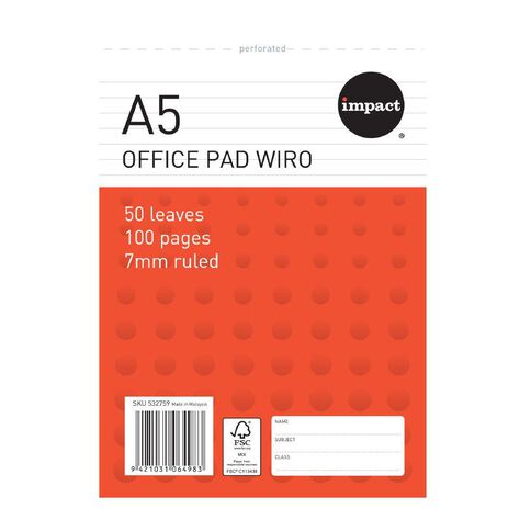 WS Wire-O Notepad 80gsm 7mm 50 Leaf White A5