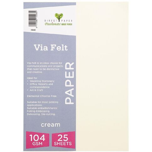 Direct Paper Via Felt 104gsm 25 Pack Cream A4