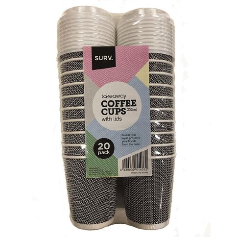 SURV. Designer Coffee Cups with Lids 235ml 20 Pack