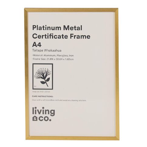 Living & Co Platinum Metal Certificate Frame Gold A4
