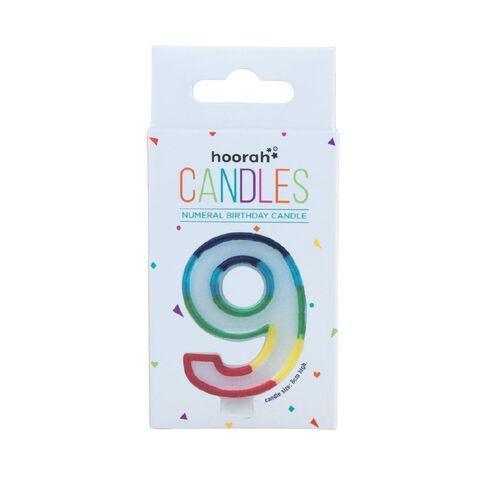 Hoorah Numeral Candle 9 Rainbow Border 80mm x 10mm White