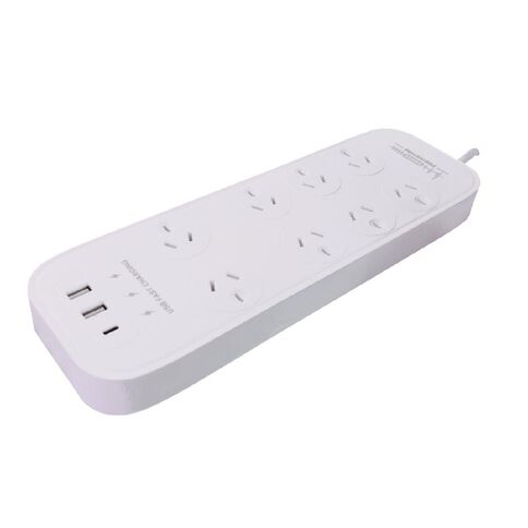 CordTech 8 Outlet Powerboard With Surge & 5.4A USB White