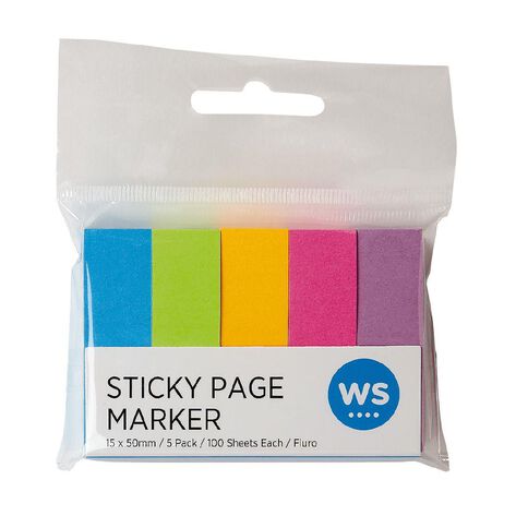 WS Fluro Sticky Page Marker 15mm x 50mm 100 Sheet 5 Pack Multi-Coloured