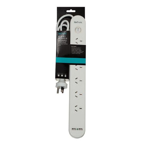 Tech.Inc 6 Way Powerboard with Surge Protection & USB
