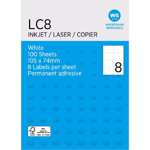 WS A4 8 Labels 100 Sheets White 105mm x74mm