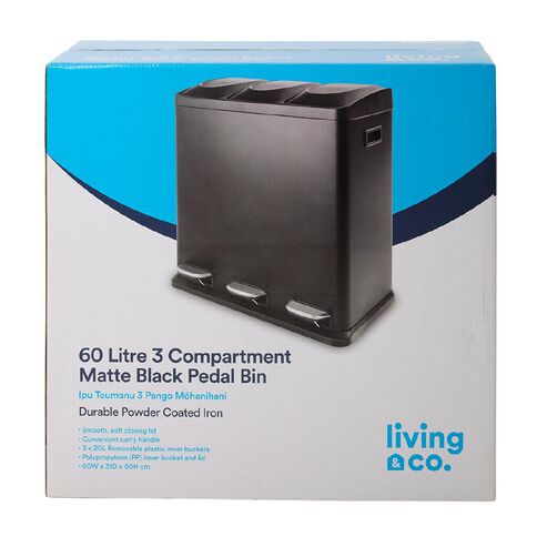 Living & Co 3 Pedal Bin Black 60L