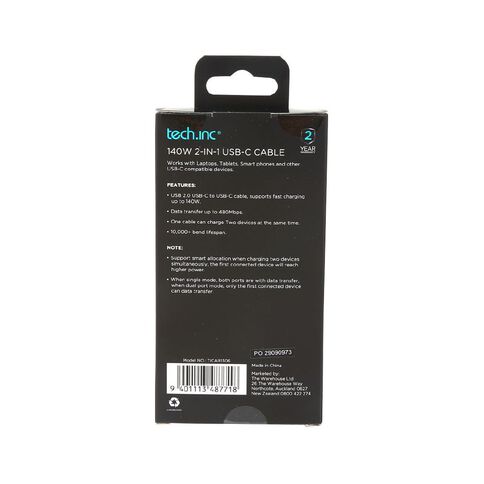 Tech.Inc 140W 2in1 USB-C Cable 1m Black
