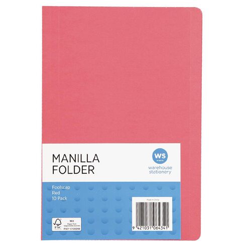 WS Manilla Folders Foolscap 10 Pack Red