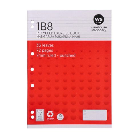 WS Exercise Book 1B8 7mm Ruled 36 Leaf Punched Red