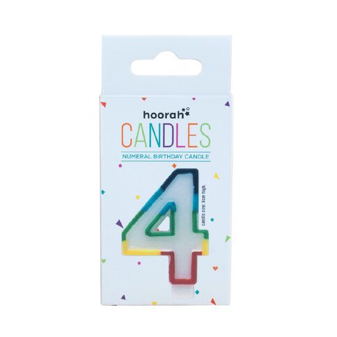 Hoorah Numeral Candle 4 Rainbow Border 80mm x 10mm White