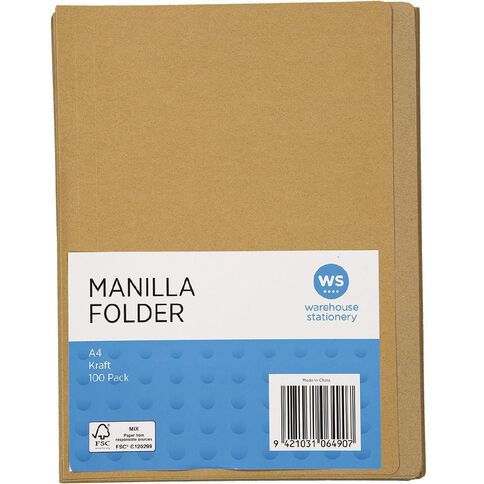 WS Manilla Folders Kraft 100 Pack A4