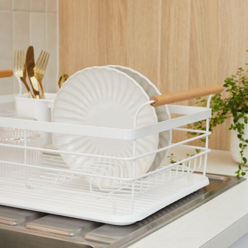 Living & Co Dish Rack with Wooden Handles White