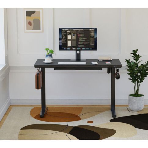 Workspace Height Adjustable Desk 1200W with Drawer Frosted Glass Black