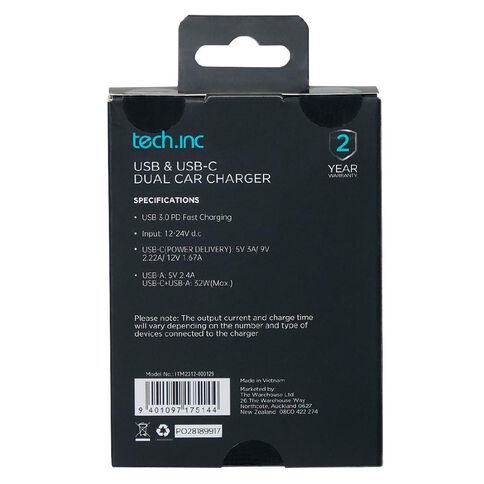 Tech.Inc USB-C + A 32W PD Dual Car Charger White