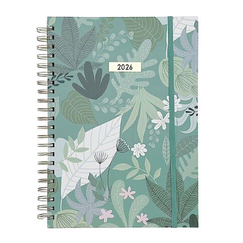 WS 2026 Diary A4 Week to View Spiral Foliage. Green