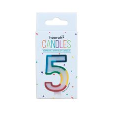 Hoorah Numeral Candle 5 Rainbow Border 80mm x 10mm White