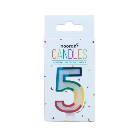Hoorah Numeral Candle 5 Rainbow Border 80mm x 10mm White