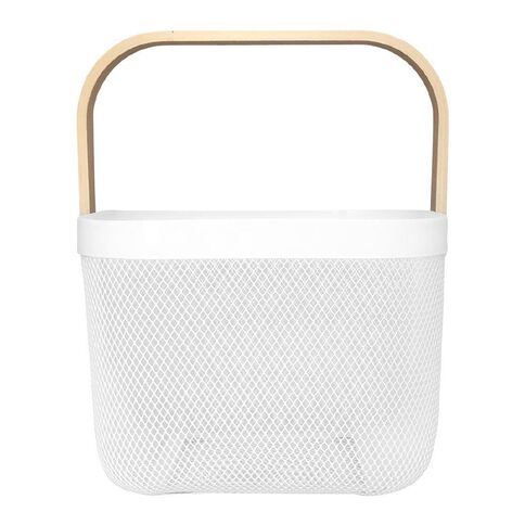 Living & Co Square Mesh Basket with Wooden Handle White