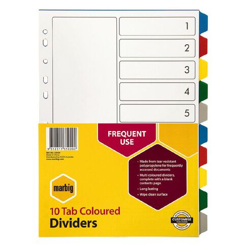 Marbig Divider 10 Tab PP Coloured Multi-Coloured A4
