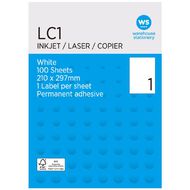 WS A4 Single Sheet Label 100 Sheets