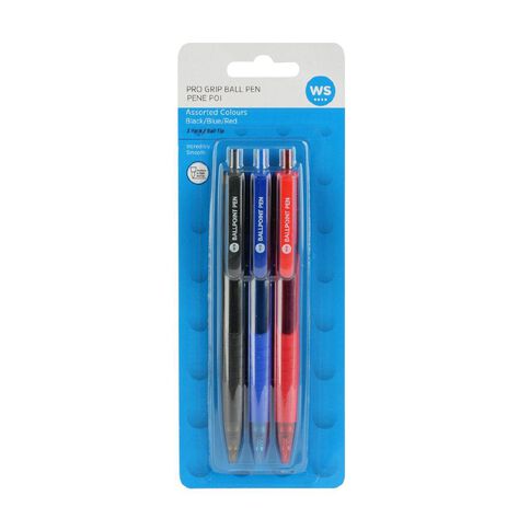 WS WS Pro-Grip Ball Pens Assorted Colours 3 Pack