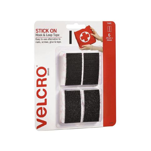 VELCRO Brand Hook & Loop Stick On Tape Black 25mm x 50mm 6 Strips