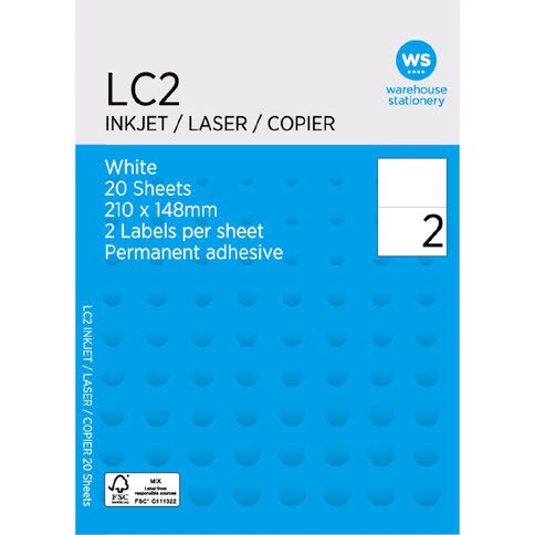 WS A4 2 Labels 20 Sheets