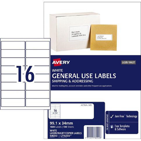 Avery General Use Labels White 1600 Labels
