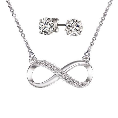 Mestige Silver Plated Swarovski Crystal Infinity Necklace & Earrings Set