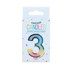 Hoorah Numeral Candle 3 Rainbow Border 80mm x 10mm White