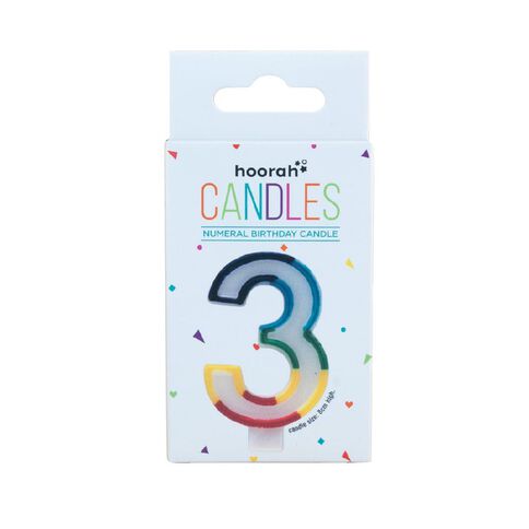 Hoorah Numeral Candle 3 Rainbow Border 80mm x 10mm White