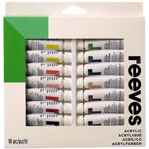 Reeves Acrylic Paint Set Tubes 12ml 18 Pack Mulit Colour