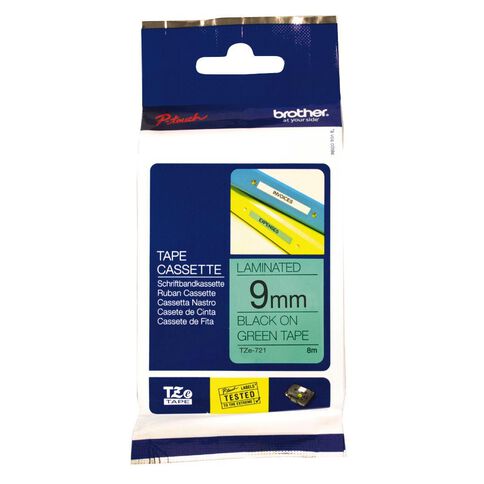 Brother TZE721 Laminated Tape Black On Green 9mm x 8m