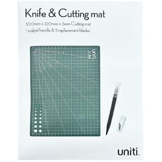 Uniti Knife & Cutting Mat Set 300mm x 220mm x 3mm Green A4