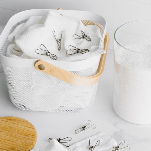 Living & Co Square Mesh Basket with Wooden Handle White