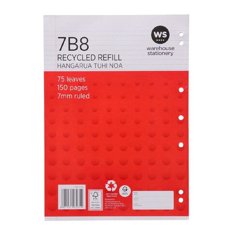 WS Pad Refill 7B8 A4 7mm Ruled 75 Leaf Punched Red Mid