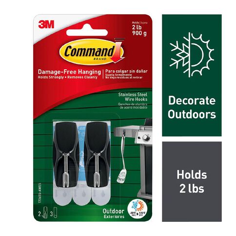 Command Outdoor Stainless Steel Wire Hooks 2 Hooks and 3 Strips Pack