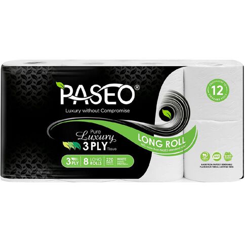 Paseo Luxury Toilet Paper Long Roll White 3-Ply White 8 Pack