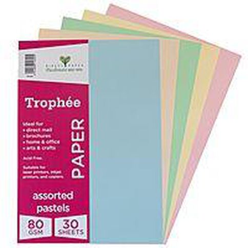 Trophee Paper 80gsm 30 Pack Pastels Assorted A4