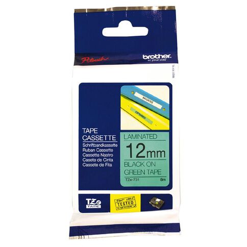Brother TZE731 Laminated Tape Black on Green12mm x 8m