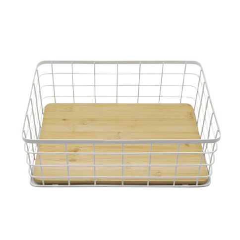 Living & Co Metal Basket with Bamboo Base White