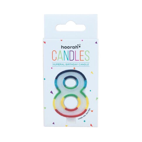Hoorah Numeral Candle 8 Rainbow Border 80mm x 10mm White